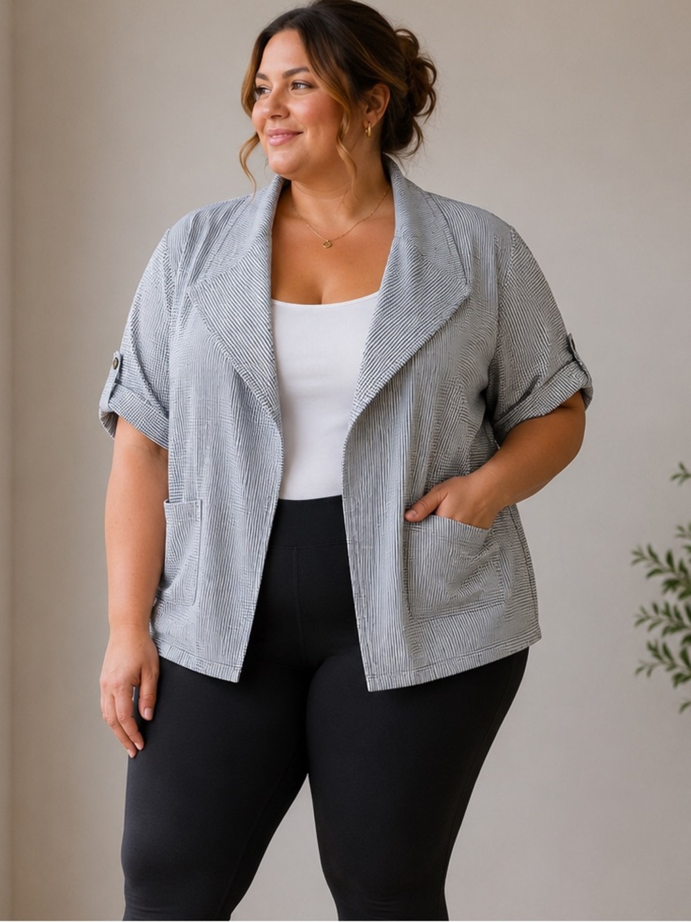 Max Studio London 3X Blue White Stripe Linen Blend Open Front waterfall cardigan